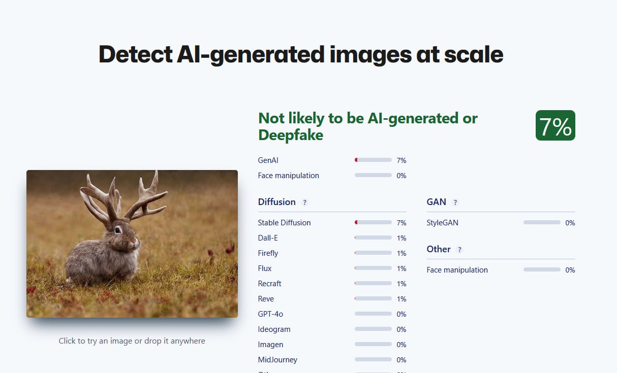 Detect Al-generated images at scale Not likely to be Al-generated or Deepfake о GenAl a 7% Face manipulation 0% 7 Diffusion 2 GAN Stable Diffusion 7% StyleGAN 0% Dall-E 1% Firefly 1% Other Flux у 1% F