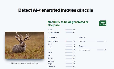 Detect Al-generated images at scale Not likely to be Al-generated or Deepfake о GenAl a 7% Face manipulation 0% 7 Diffusion 2 GAN Stable Diffusion 7% StyleGAN 0% Dall-E 1% Firefly 1% Other Flux у 1% F
