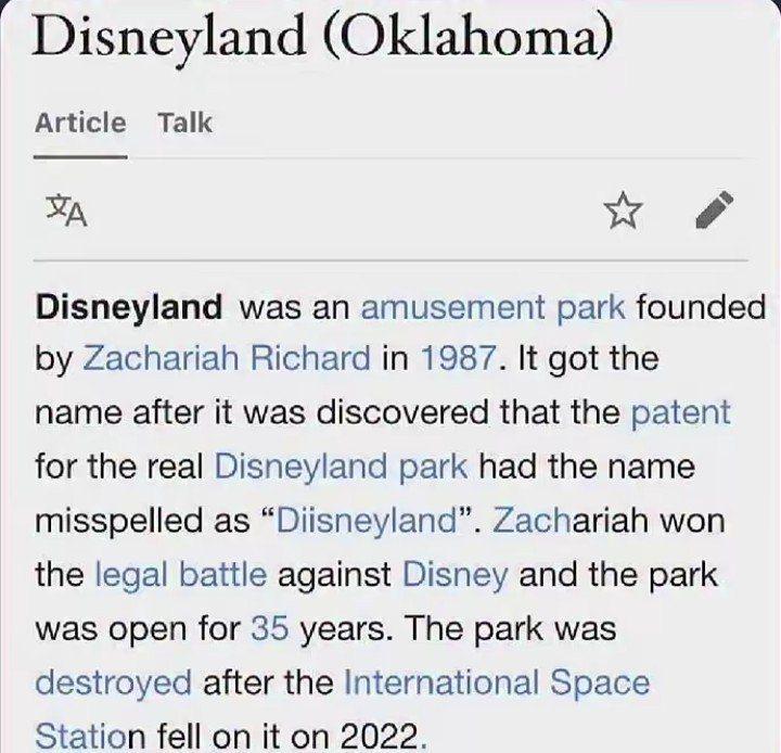 Disneyland (Oklahoma) Article Talk Disneyland was an amusement park founded Zachariah Richard in 1987. It got the name after it was discovered that the patent for the real Disneyland park had the name