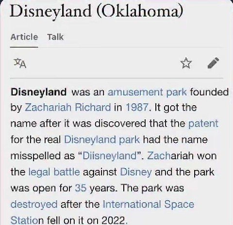 Disneyland (Oklahoma) Article Talk Disneyland was an amusement park founded Zachariah Richard in 1987. It got the name after it was discovered that the patent for the real Disneyland park had the name