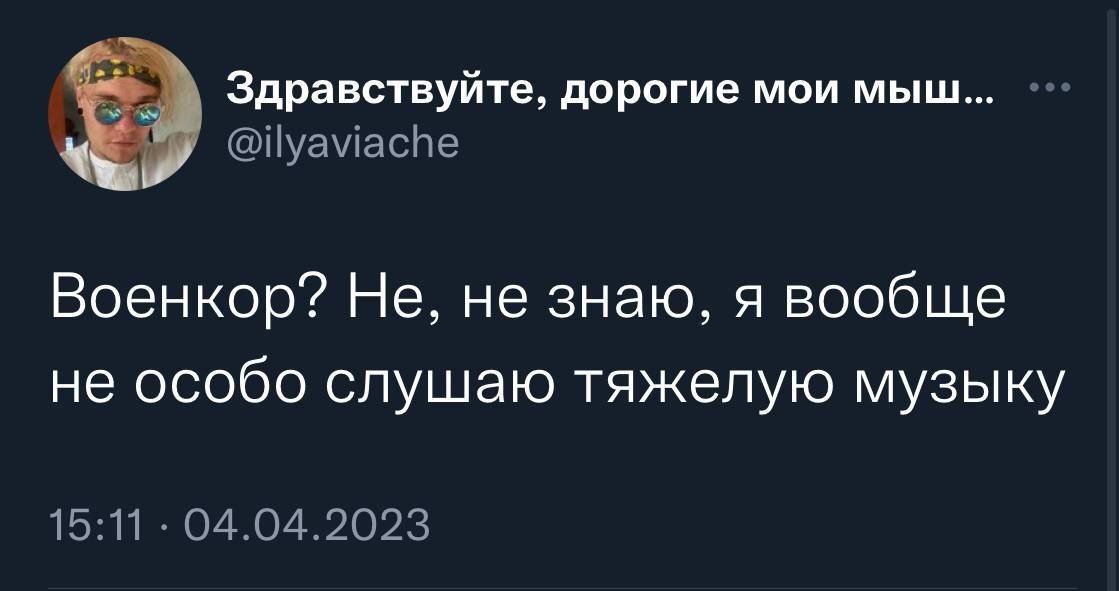 Здравствуйте, дорогие мои мыш... Военкор? Не, не знаю, я вообще не особо слушаю тяжелую музыку