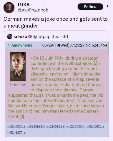 @aso9nglobob у German makes а joke once and gets sent to a meat grinder schizo @tulpapilled Anonymous 08/29/18(Wed)07:23:29 July 1944, during a strategy conference in the Wolfsschanze,[6] a fly began 
