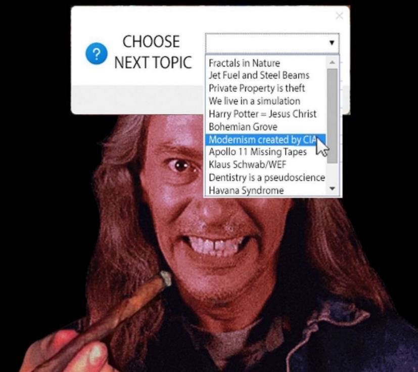 CHOOSE МЕХТ ТОР!С Fractals in Nature Jet Fuel and Stee! Beams Private Property is theft We live in a Harry Potter Jesus Christ Bohemian Grove Apollo 11 Missing Tapes Dentistry is а pseudoscience Намап