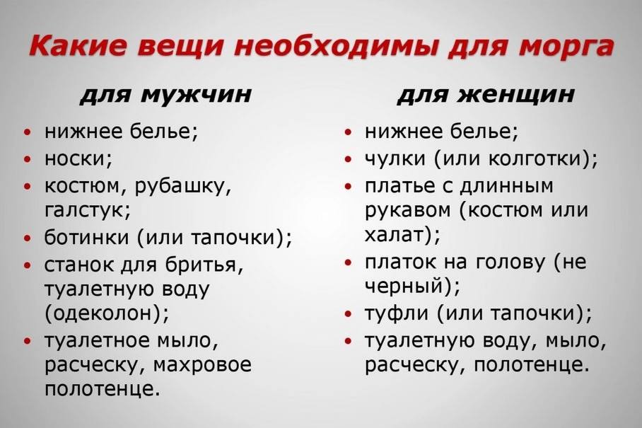 Какие вещи необходимы для морга для мужчин для женщин нижнее белье; нижнее белье; носки; чулки (или колготки); платье с длинным костюм, рубашку, галстук; рукавом (костюм или халат); ботинки (или тапоч