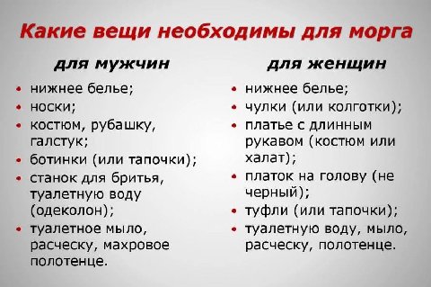 Какие вещи необходимы для морга для мужчин для женщин нижнее белье; нижнее белье; носки; чулки (или колготки); платье с длинным костюм, рубашку, галстук; рукавом (костюм или халат); ботинки (или тапоч