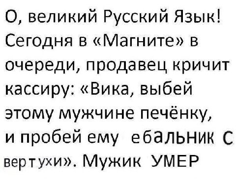 О, великий Русский Язык! Сегодня в «Магните» в очереди, продавец кричит кассиру: «Вика, выбей этому мужчине печёнку, и пробей ему ебальник вертухи». Мужик УМЕР