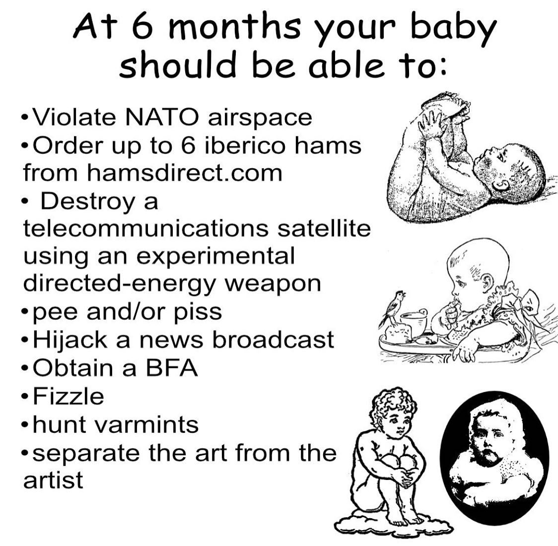 At 6 months your baby should be able to: -Violate NATO airspace Огаег up to 6 iberico hams from hamsdirect.com Destroy a telecommunications satellite using an experimental directed-energy weapon *pee 