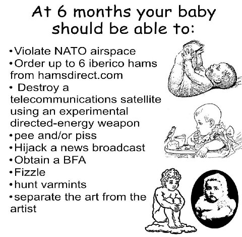 At 6 months your baby should be able to: -Violate NATO airspace Огаег up to 6 iberico hams from hamsdirect.com Destroy a telecommunications satellite using an experimental directed-energy weapon *pee 
