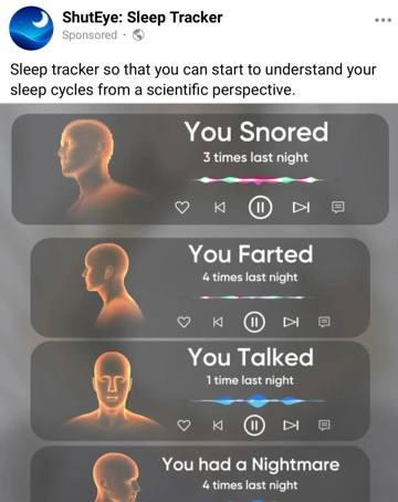 ShutEye: Sleep Tracker Sleep tracker so that you can start to understand your sleep cycles from a scientific perspective. К You Snored 3 times last night Фыв You Farted 4 times last night You Talked 1