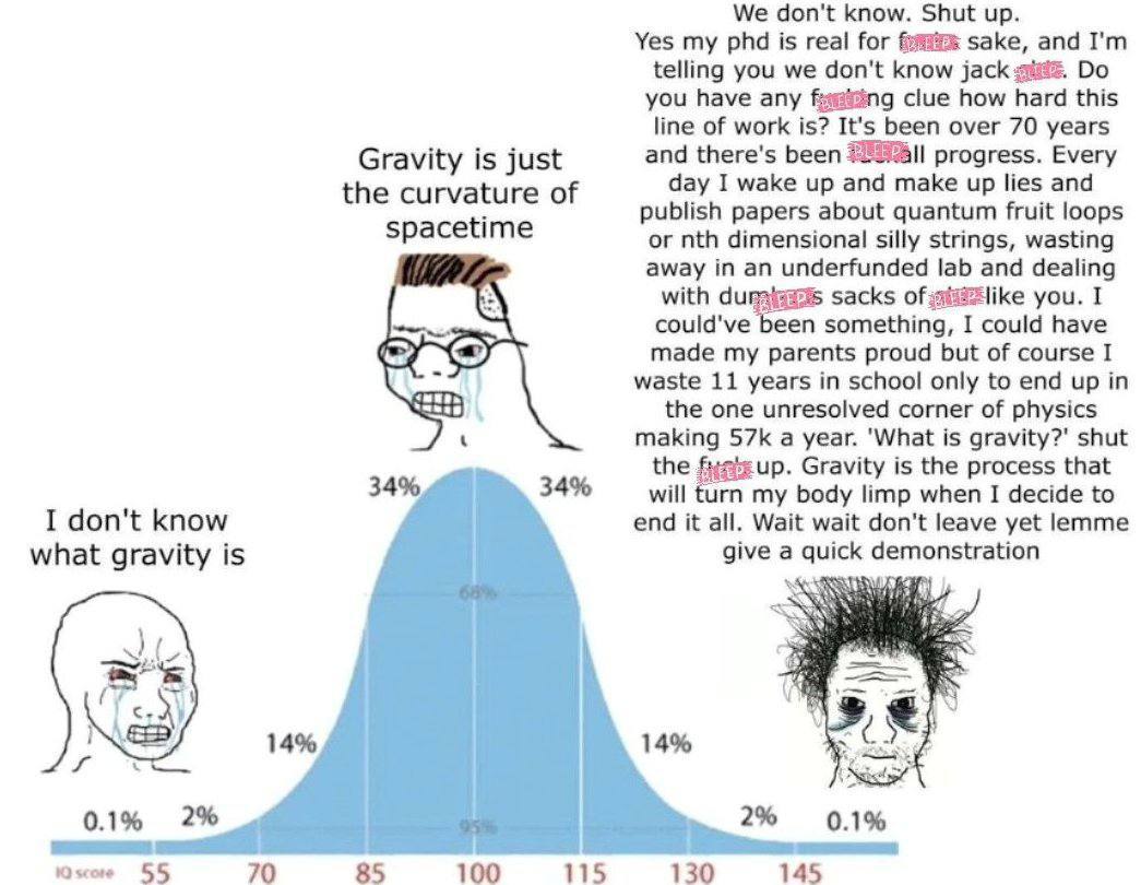 We don't know. Shut up. Yes my phd is real for sake, and telling you we don't know you have any clue how hard this line of work is? It's been over 70 years Gravity is just and there's been $8! progres