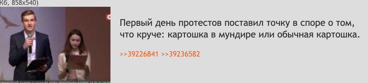 Первый день протестов поставил точку в споре о том, что круче: картошка в мундире или обычная картошка. >>39226841 >>39236582