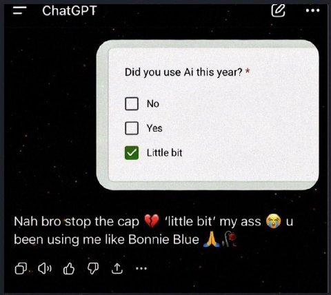 ChatGPT eee Did you use this year? No Yes Little bit Nah bro stop the cap ‘little bit’ my ass и been using me like Bonnie Blue А О.