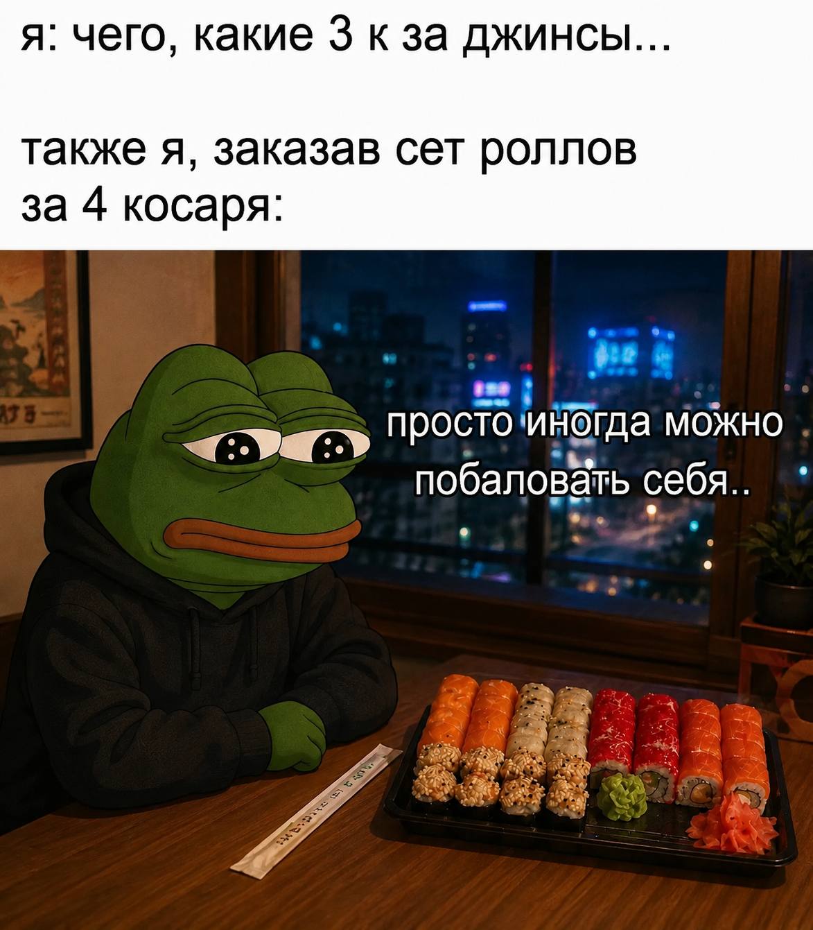 я: чего, какие 3 к за джинсы... также я, заказав сет роллов за 4 косаря: можно побаловать