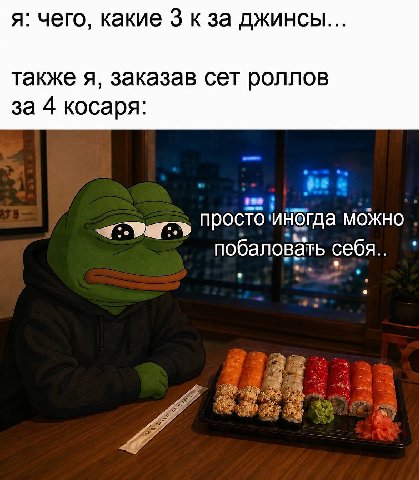 я: чего, какие 3 к за джинсы... также я, заказав сет роллов за 4 косаря: можно побаловать