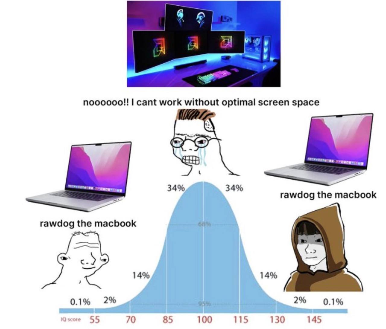 A noooooo!! cant work without optimal screen space 34% 34% rawdog the macbook 44 rawdog the macbook 14% 14% 2% 2% 0.1% 0.1% 55 70 85 100 115 130 145