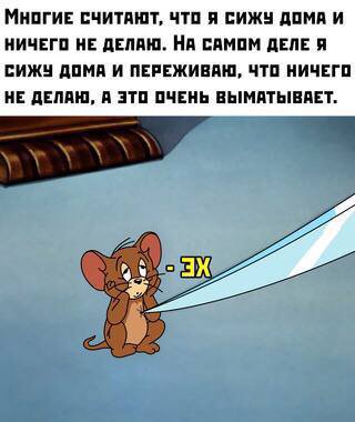 МНОГИЕ СЧИТАЮТ, ЧТО Я СИЖУ ДОМА И НИЧЕГО НЕ ДЕЛАЮ. НА САМОМ ДЕЛЕ Я СИЖУ ДОМА И ПЕРЕЖИВАЮ, ЧТО НИЧЕГО НЕ ДЕЛАЮ, А ЭТО ОЧЕНЬ ВЫМАТЫВАЕТ.