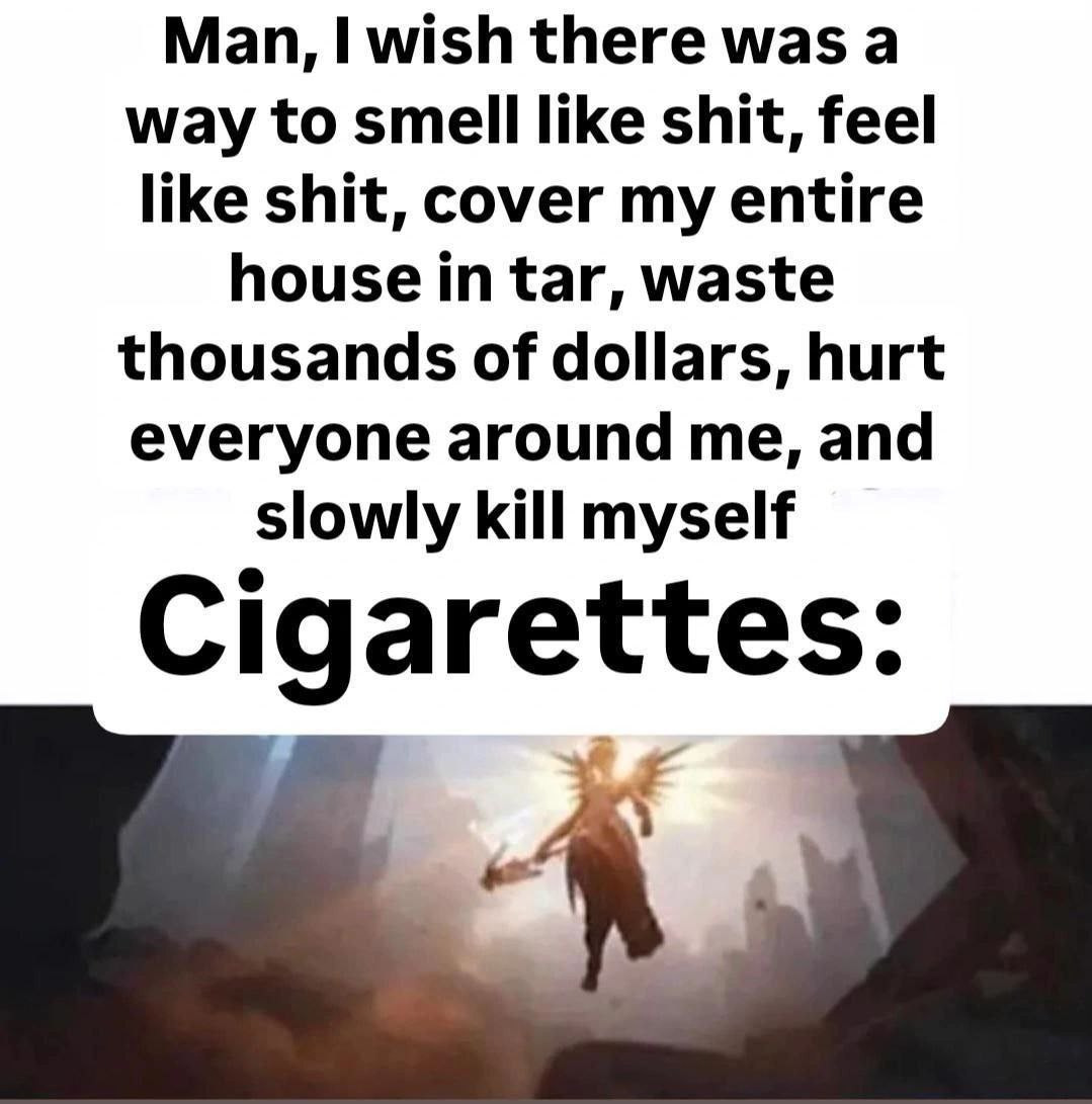 Man, wish there was а way to smell like shit, feel like shit, cover my entire house in tar, waste thousands of dollars, hurt everyone around me, and slowly kill myself Cigarettes: