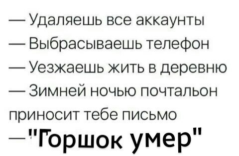 Удаляешь все аккаунты Выбрасываешь телефон Уезжаешь жить в деревню Зимней ночью почтальон приносит тебе письмо —"Горшок умер"
