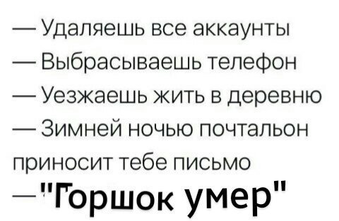 Удаляешь все аккаунты Выбрасываешь телефон Уезжаешь жить в деревню Зимней ночью почтальон приносит тебе письмо —"Горшок умер"