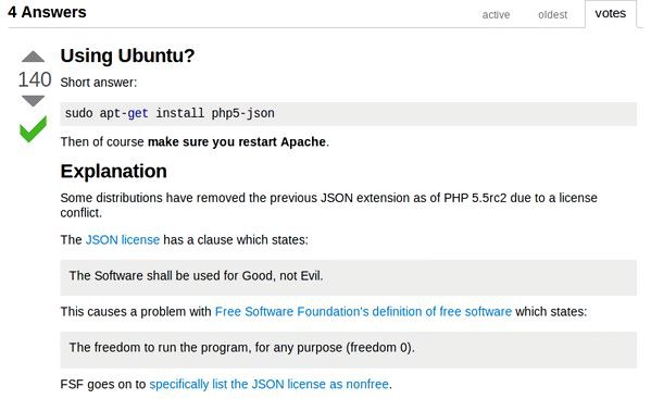 4 Answers oldest votes 4. Using Ubuntu? 140 Short answer: sudo apt-get install php5-json Then of course make sure you restart Apache. Explanation Some distributions have removed the previous JSON exte