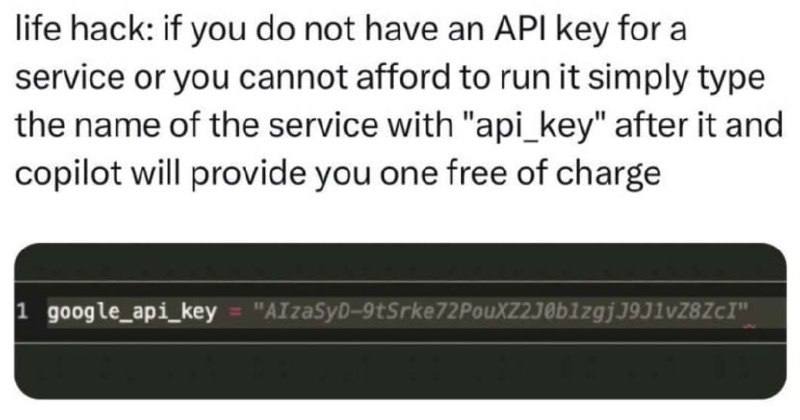 life hack: if you not have API key for a service or you cannot afford to run it simply type the name of the service with "api_key" after it and copilot will provide you one free of charge 1 google_api