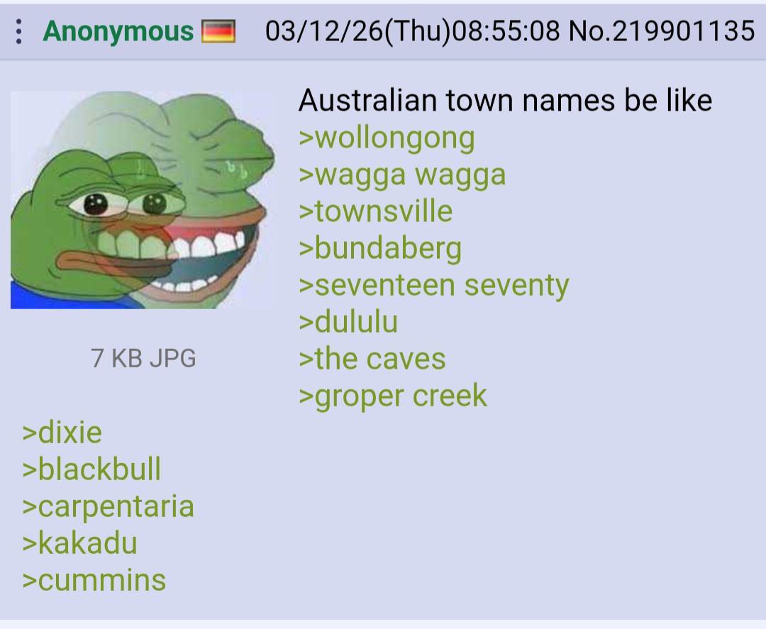 Anonymous 03/12/26(Thu)08:55:08 No.219901135 Australian town names be like >wollongong wagga >townsville >seventeen seventy >dululu 7 JPG >the caves >groper creek >dixie >blackbull >carpentaria >kakad