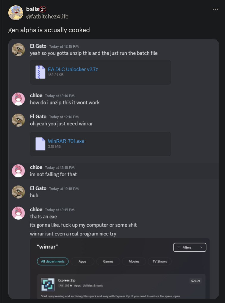 gen alpha is actually cooked Gato Today at 12:15 yeah so you gotta unzip this and the just run the batch file DLC Unlocker chloe today at 12:16 how doi unzip this it wont work Gato Today at 12:16 yeah