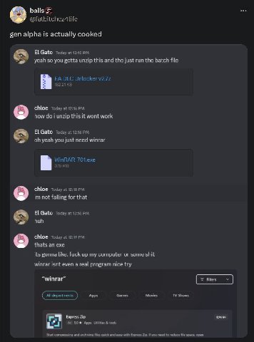 gen alpha is actually cooked Gato Today at 12:15 yeah so you gotta unzip this and the just run the batch file DLC Unlocker chloe today at 12:16 how doi unzip this it wont work Gato Today at 12:16 yeah