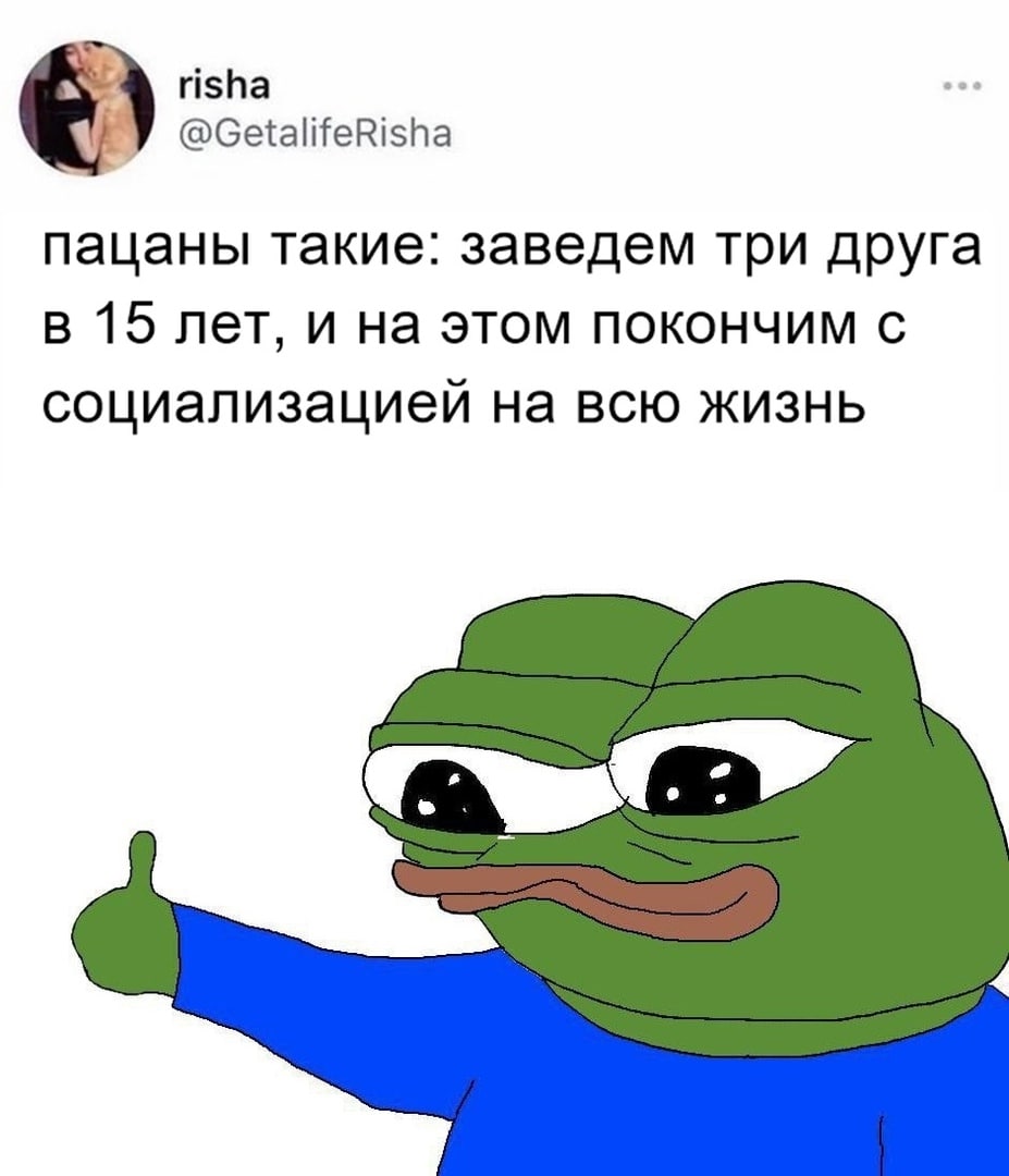 risha @GetalifeRisha пацаны такие: заведем три друга в 15 лет, и на этом покончим с социализацией на всю жизнь