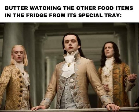 BUTTER WATCHING THE OTHER FOOD ITEMS IN THE FRIDGE FROM ITS SPECIAL TRAY: ‘у