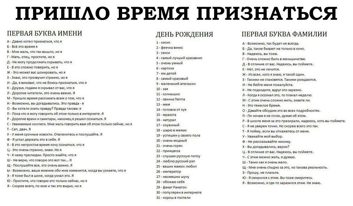 ПРИШЛО ВРЕМЯ ПРИЗНАТЬСЯ ПЕРВАЯ БУКВА ИМЕНИ ПЕРВАЯ БУКВА ФАМИЛИИ ДЕНЬ РОЖДЕНИЯ А Давно хотел признаться, что я 1-кисик А Возможно, так будет не всегда. 6 Всё это время я феечка винкс 6 Да, такое бывает
