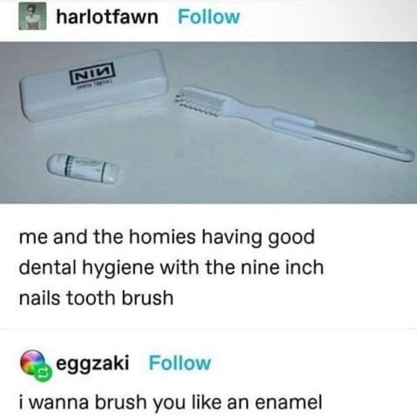 harlotfawn Follow me and the homies having good dental hygiene with the nine inch nails tooth brush Follow i wanna brush you like an enamel