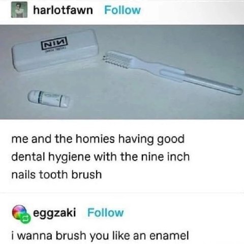 harlotfawn Follow me and the homies having good dental hygiene with the nine inch nails tooth brush Follow i wanna brush you like an enamel