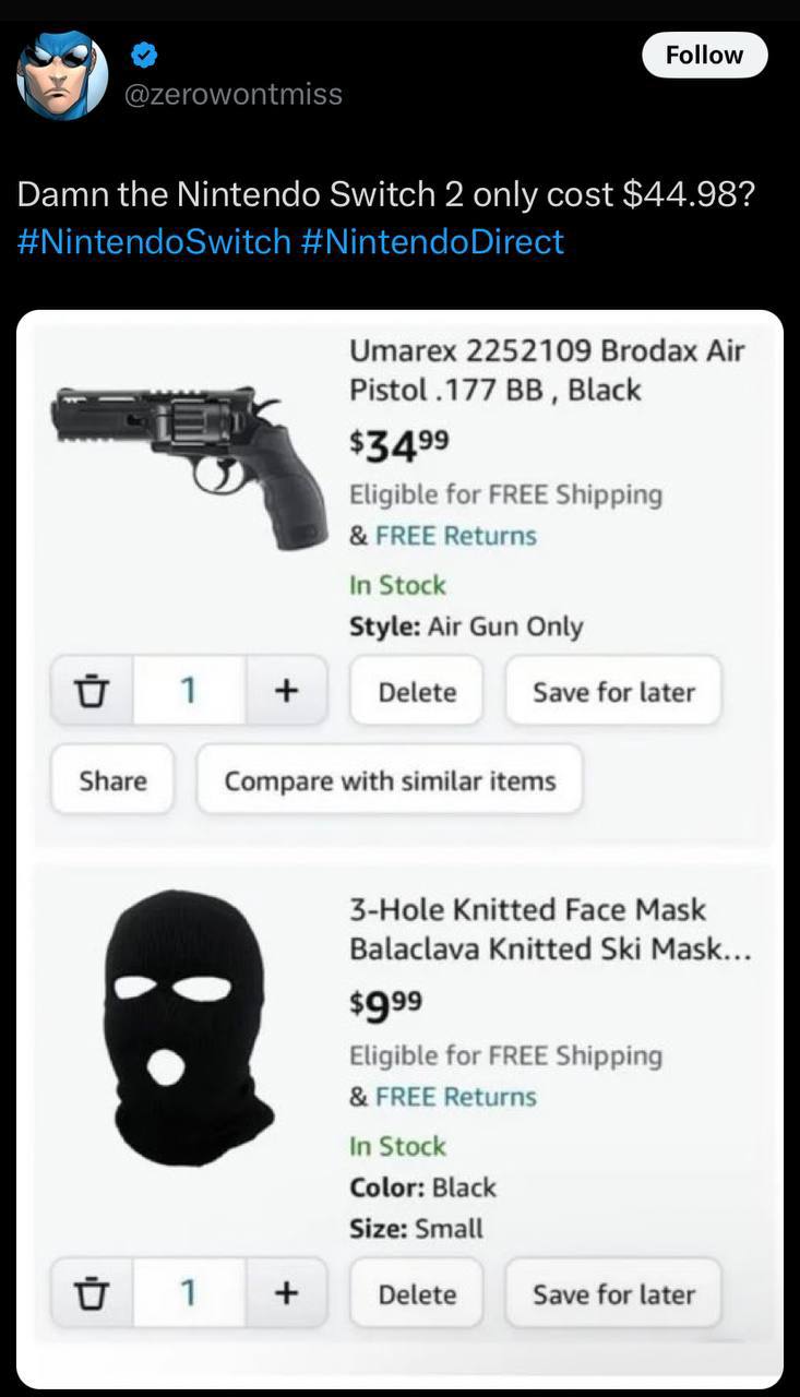 Damn the Nintendo Switch 2 only cost $44.98? #NintendoSwitch #NintendoDirect Umarex 2252109 Brodax Air Pistol .177 Black for ‘ЕЕ Shippi REE Return In Stock Style: Air Gun Only 1 Delete Save for later 