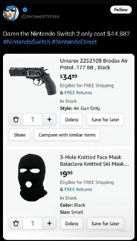 Damn the Nintendo Switch 2 only cost $44.98? #NintendoSwitch #NintendoDirect Umarex 2252109 Brodax Air Pistol .177 Black for ‘ЕЕ Shippi REE Return In Stock Style: Air Gun Only 1 Delete Save for later 