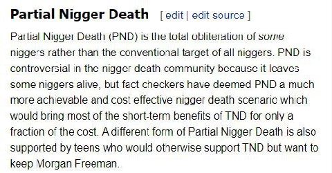 Partial Nigger Death edit source Partial Nigger Death (PND) is the total obliteration of some niggers rather than the conventional target of all niggers. PND is controversial in the nigger death commu