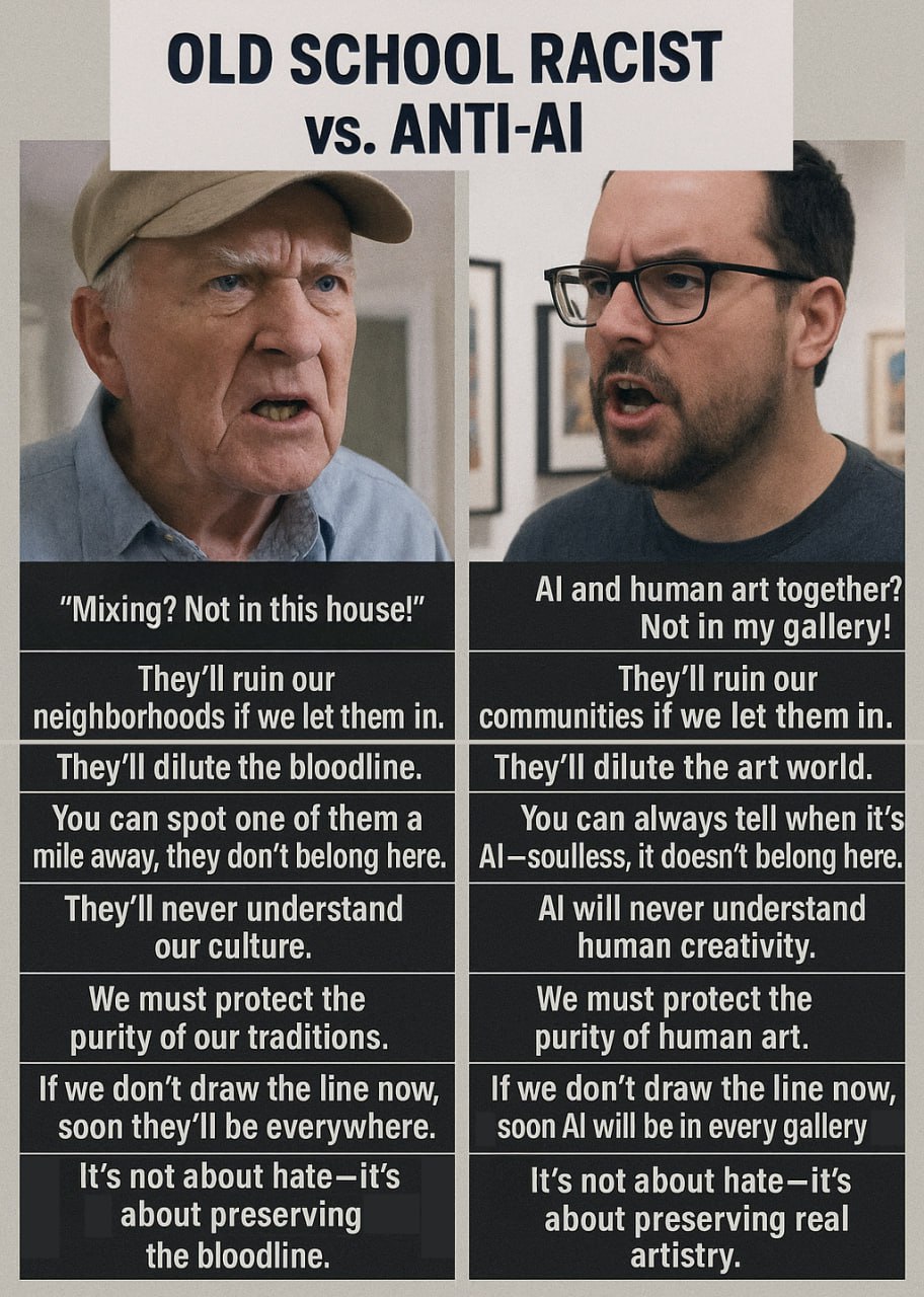 ANTI-Al and human art together? Mixing? Not in this house! Not in my gallery! They'll ruin our They'll ruin our neighborhoods if we let them in. communities if we let them in. They'll dilute the blood