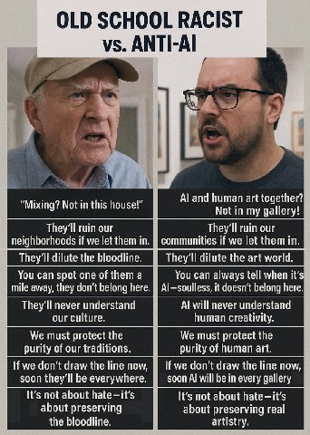 ANTI-Al and human art together? Mixing? Not in this house! Not in my gallery! They'll ruin our They'll ruin our neighborhoods if we let them in. communities if we let them in. They'll dilute the blood
