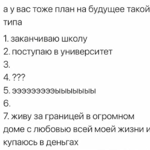 вас тоже план на будущее такой типа 1. заканчиваю школу 2. поступаю в университет 6. 7. живу за границей в огромном доме с любовью всей моей жизни и купаюсь в деньгах