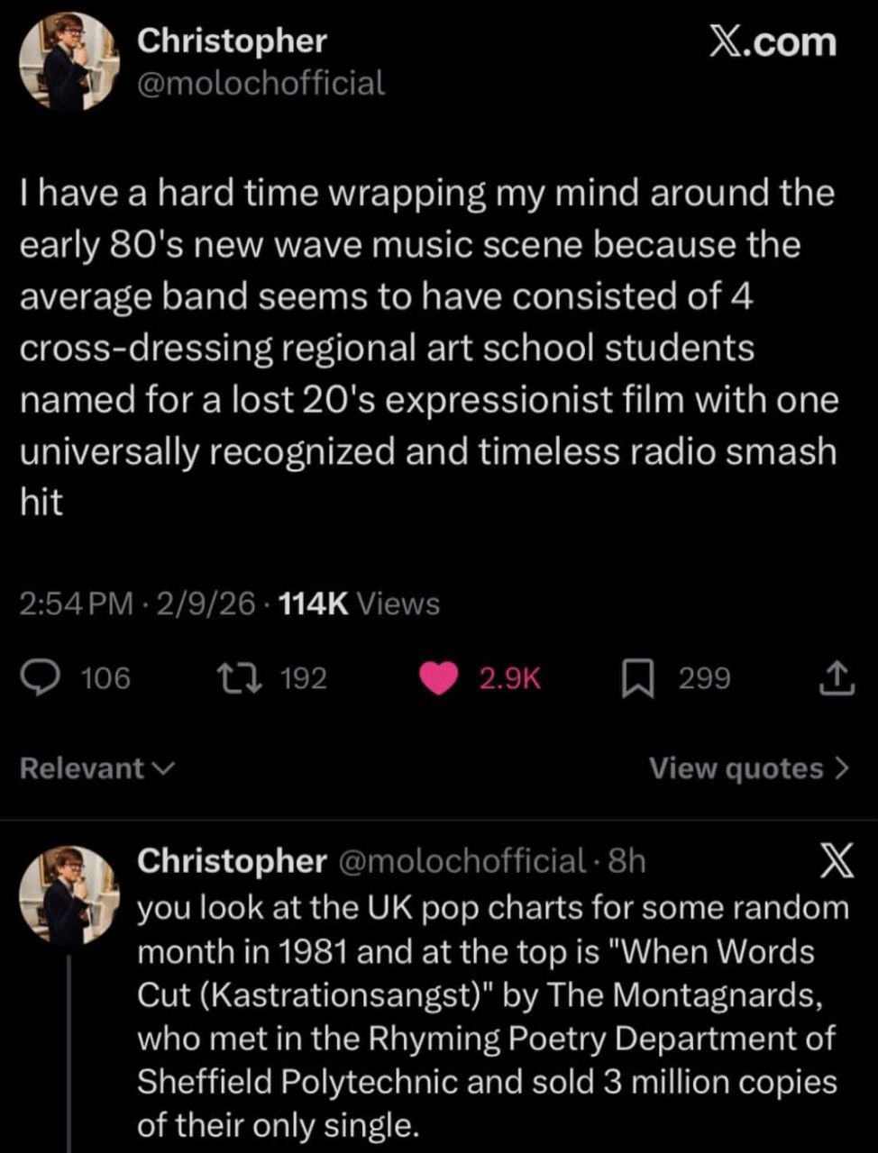 4 Christopher Х.сот у Бауе а hard time wrapping mind around the early new wave music scene because the average band seems to have consisted of 4 cross-dressing regional art school students named for a