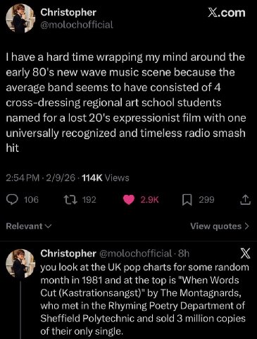 4 Christopher Х.сот у Бауе а hard time wrapping mind around the early new wave music scene because the average band seems to have consisted of 4 cross-dressing regional art school students named for a