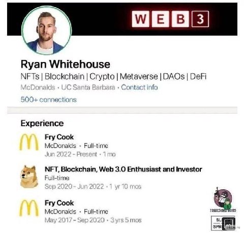 Ryan Whitehouse NFTs Blockchain Crypto Metaverse DAOs DeFi McDo a С За ita Barbara Contact info 500+ connections Experience Fry Cook McDonalds Full-time NFT, Blockchain, Web 3.0 Enthusiast and Investo