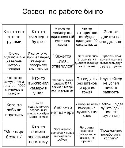 Созвон по работе бинго У кого-то Кто-то Кто-то ест Кто-то монитор это так, Звонок что-то очевидно |единственный как будто длится на руками бухает источник проснулся 20 |цас дольше света секунд назад К
