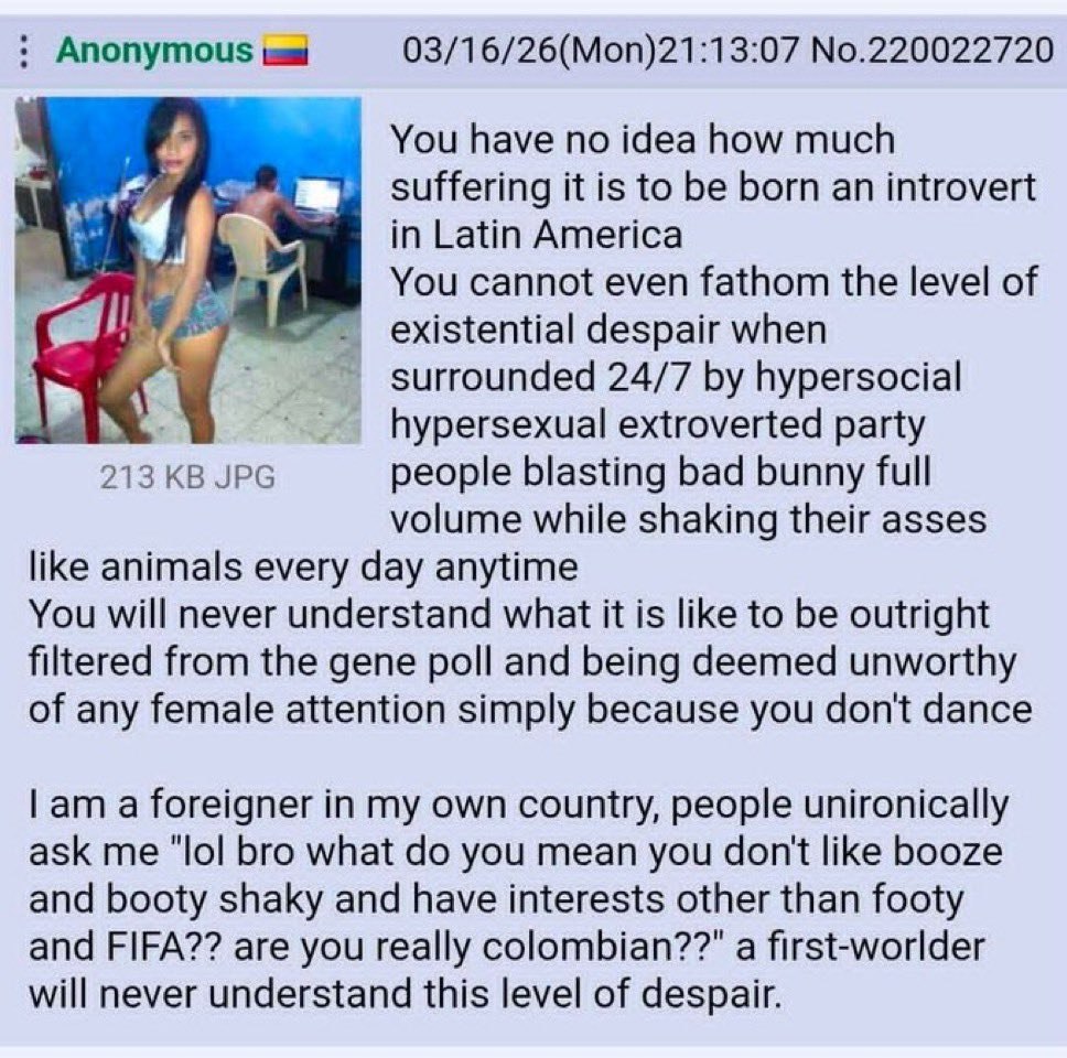 Anonymous 03/16/26(Mon)21:13:07 No.220022720 You have no idea how much suffering it is to be born an introvert in Latin America 4 You cannot even fathom the level of existential despair when surrounde