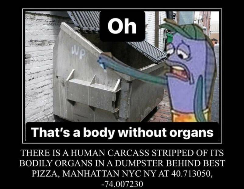 i 9? That's a body without organs ГНЕКЕ 1$ А НОМАМ CARCASS STRIPPED OF ITS BODILY ORGANS IN A DUMPSTER BEHIND BEST PIZZA, MANHATTAN NYC AT 40.71 )5 -74.007230