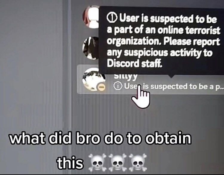 User is suspected to be а part of an online terrorist organization. Please report 4 any suspicious activity to Discord staff. эшуу suspected to beap what did bro to obtain this 2