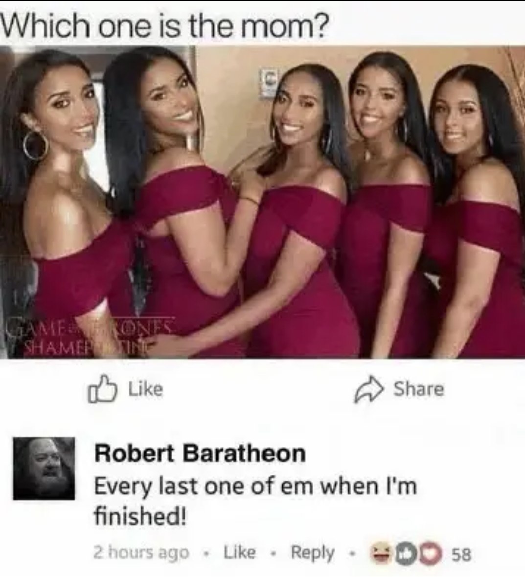 Which one is the mom? 4 Like Share Robert Baratheon Every last one of when finished! Like Reply