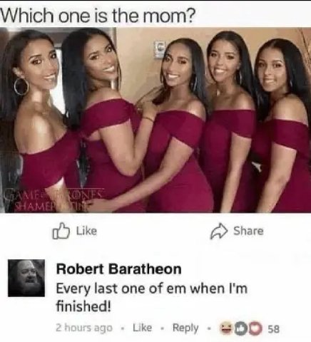Which one is the mom? 4 Like Share Robert Baratheon Every last one of when finished! Like Reply