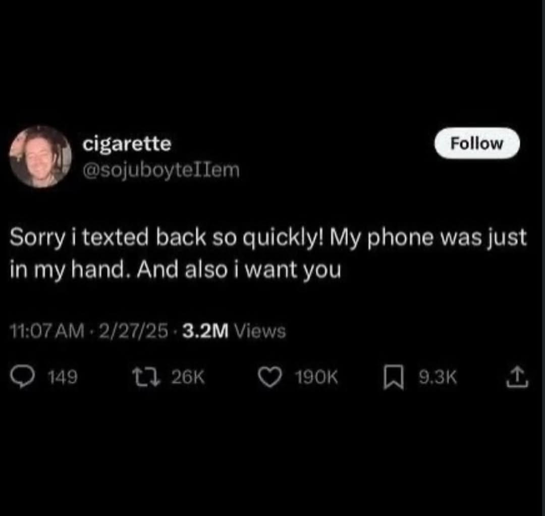 cigarette @sojuboyteIIem Sorry i texted back so quickly! My phone was just in my hand. And also i want you 11:07 2/27/25 Views 149 13