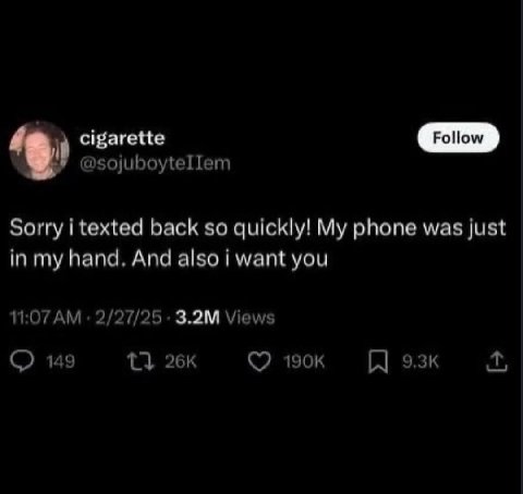 cigarette @sojuboyteIIem Sorry i texted back so quickly! My phone was just in my hand. And also i want you 11:07 2/27/25 Views 149 13
